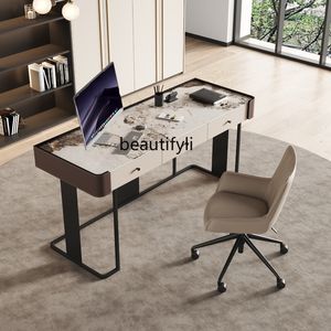 Italiensk stil ljus lyxig sadel läder skrivbord modern minimalistisk sovrum studie skrivbord ljusa stenplatta dator skrivbord