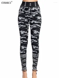 Leggings femininas Cuhakci Camuflagem impressa feminino jeans de jeans esportivo de cintura alta calças de fitness calças elásticas de fitness jeggings