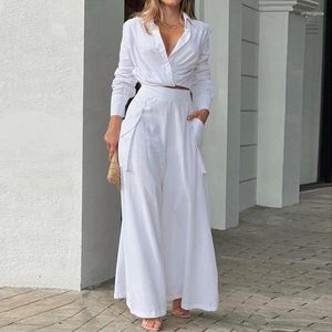 Women's Two Piece Pants 2024 Summer Solid Color Long Sleeve Suit Top Shirts Wide Leg Sexy Set For Women Casual Fashion Home Cloths