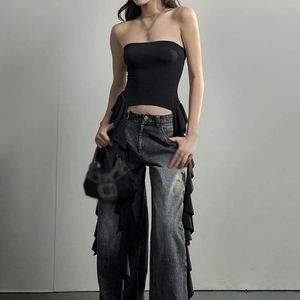 Y2k Tank Tops Asymmetrical Fringed Ruffle Top Streetwear Black Strapless Womans Summer Clothes 240327