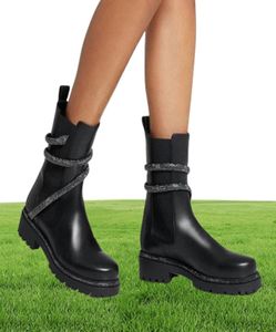 Rhinestone Snake Strass Wraparound Chunky Half Boots Black Leather Womens Low Heel Martin Boots Heavy Duty Luxury Designer Brands 7928846