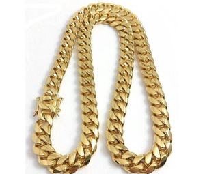 fine 18K Gold Plated chain jewelry Stainless Steel High Polished Miami Cuban Link Necklace Men Punk 15mm Curb Double Safety Clasp 1537381