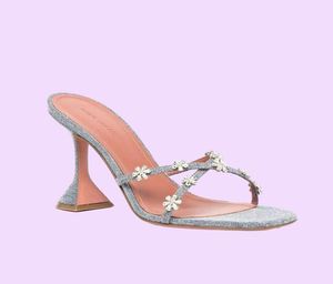Amina Muaddi Begum Women039S High Heel Sandals Real Silk Crystal Embelled Strap Trapers Mules Shoes Rhinestone Spool Heel W6399380