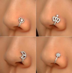 16 stylów srebrne sztuczne pierścienie nosowe dla kobiet Mały kryształowy miedź niewidomy klip na nosie mankiet stadnina żeńska modna impreza żyd5579584