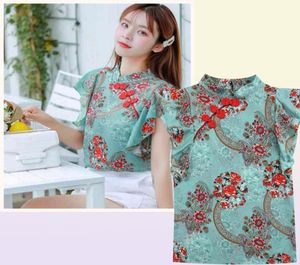 Çin Cheongsam Tarzı Kadın Çiçek Şifon Gömlek Yaz Bluz Çırpma Kısa Kollu Gömlek Üstleri Blusas A3252 2105197073738