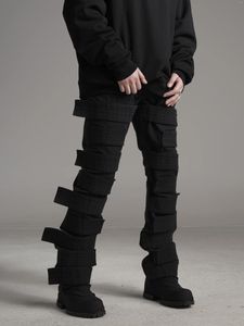 Pantaloni maschili in stile avanguardia decostruito allacciato dritto di tela di tela di tela da donna nero