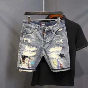 Summer Mens Fashion Scraped Patch Beggar Denim Shorts Hip Hop Washable Jeans Shorts Casual Middle Pants 240329