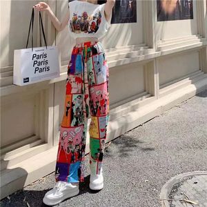 Wide Leg Pants Women Summer Beach Bohemia Oversize Harajuku Cartoon Print High Waist Plus Size Obesity Trousers 240402