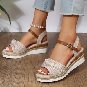 Dress Shoes 2024 Summer Women's Fashionable Cotton And Fabric Face Bow Fish Mouth Buckle Slope Heel For Woman Sandalias