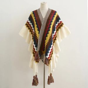 Kvinnor etnisk stil poncho capes damer mode rand färgglada stickade överdimensionerade wrap fransed sjal bohemian 240412