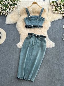 Women Denim Skirts Suit Sleeveless Strapless Sashes Vest Tops Highwaisted Slimming Split ALine Skirt Summer Jeans Set 240412