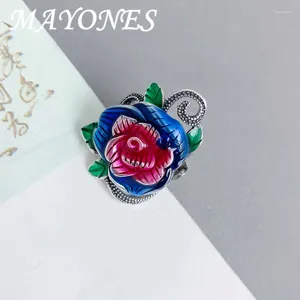 Cluster Rings 925 Sterling Silver Emamel Peony Ring for Women Vintage Colorful Flower Wide Opening Justerbara retro smycken JZ120