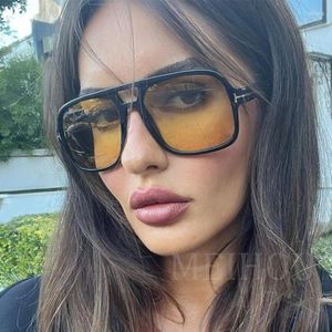 Solglasögon Fashion Yellow Square Women's Retro Double Bridges Big Frame Sun Glasses Woman Luxury Designer Shades Eyewear