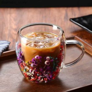 أكواب النبيذ ذات طبقة مزدوجة زهرة Lass Milk Lass Red Wine Lass Hih borosilicate lass مع مقبض L49