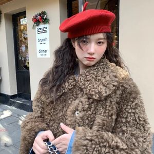 2023 Autumn Winter Faux Lambswool Jacket Women Solid Casual Coats New Casual Lapel Loose Tops Female Fake Furs Overcoat Q44