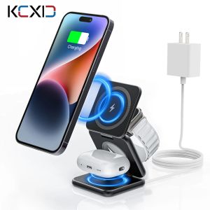 Chargers Kuxiu Magsafe Wireless Charger, 3 i 1 iPhone -laddare Foldbar hållare för iPhone 15 14, 13, 12 Pro/Max/Plus, AirPods 3/2, IWatch