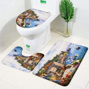 Banyo paspasları 3pcs Set Akdeniz Peyzaj Mat Yağlı Boya Avrupa Kıyı Kentsel Dekorasyon Anti Banyo Aksesuarları