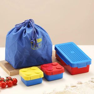 Servis byggnadsblock lunchlåda för barn plastspel bento skol picknick container med väska flickor och pojkar