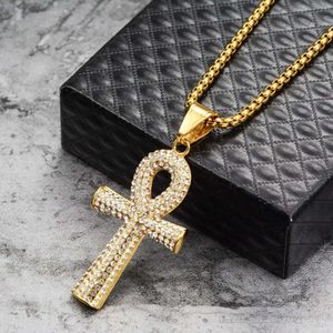 Egyptian Iced Out Ankh Cross Pendant Necklace for Women Men Golden Color 14k Yellow Gold Chains Hiphop Ancient Egypt Jewelry