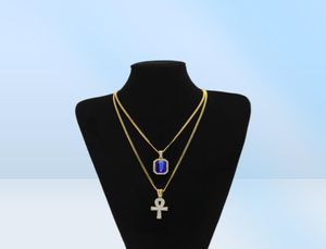 Egyptian Ankh Key of Life Bling Rhinestone Pendant With Red Ruby Pendant Necklace Set Men Hip Hop Jewelry 1354753