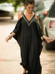 Basic Casual Dresses 2023 Sexy Cold Shoulder V Neck Bats Slve Loose Summer Beach Dress Plus Size Women Beachwear Kaftan Black Dresses Q943 T240412