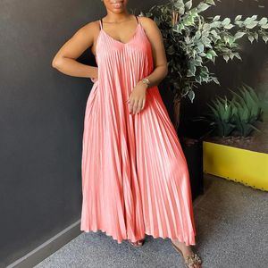 Casual Dresses Women's Summer Sling Pink Dress Pleated Long Sexy Mode A-Line African Beach Travel Clothes 2024 Trend