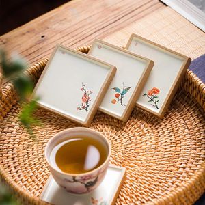 Tea Trays Lotus Lychee Design Hand Printed Retro Ceramic Cup Pad For Teacup Mug Square Home Office Teahouse Mini Bowl Tray