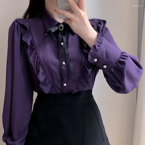 Kvinnors blusar Spring Autumn Sweet Chiffon Shirt Kvinnor Långärmad Pearl Button Bowknot ol Topps Patchwork Pullovers Blue