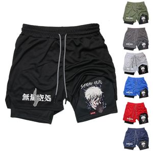 Anime Performance Shorts gedruckt Männer Fitnessstudio Casual Sports Workout Athletic Running Mesh 2 in 1 Sport Short Hosen 240403