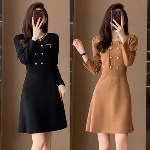 Casual Dresses 2024 Spring Elegant Simple Black Knitted Dress Women Japanese Luxury High Quality Long Sleeve Skinny A-Line Midi