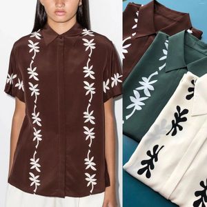 Women's Blouses Silk Coral Print Shirts Women Short Sleeve Turn-down Collar Top Covered Buttons Female 2024 Summer