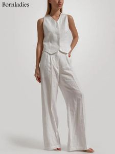 Bronladies Summer Womem Chic Cotton Linen Vest Shorts Suit Twopiece Set 2023 Office Ladies 2 Piece Set Outfits 240402