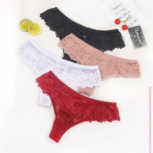 Transparent Lace Thong Women Low Waist Panties Sexy Hollow Floral G-string Underwear Plus Size S-XL