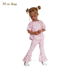 Moda Baby Girl Leopard Clothes Set Tshirtwide Bottom Pant 2pcs Summer Child Tracksuit de manga curta Roupas de bebê 1-7y 240329