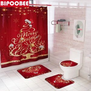 シャワーカーテンクリスマスツリーレッド3Dメリークリスマスバスルームカーテンセットアンチスリップカーペットトイレトイレカバーバスマットフェスティバルの装飾