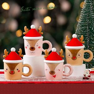 Tassen Weihnachten Elch Keramik Tasse High Beauty Handheld Geschenkbecher süßer kreativer Löffel mit Deckelkaffee