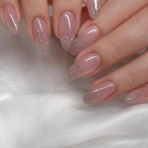 Glitter Pink Fake Nails Press on Short French Set Sequin Cute Nail Art Reusable Acrylic Full Cover Tips with Glue 240328