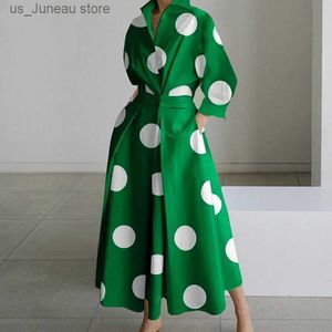 Grundläggande avslappnade klänningar Autumn Dress Long Slve Dot Print Elegant Maxi Dresses for Women 2023 White Casual V Neck Shirt Party Long Dress Robe Femme T240412