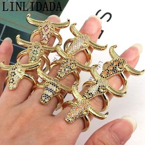 5Pcs Trend Pave CZ Zircon Cool Bull Head Ring For Women Men Copper Jewelry Animal Ox Horn Punk Gift240412