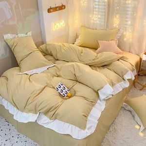 Bedding Sets 4PCS Thicken All Season Cotton Simple Solid Color Washed Lotus Leaf Lace Duvet Cover Set Bed Sheet Pillowcase