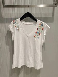 女性のTシャツ女性色のスパンコールホワイトTシャツ短袖オールマッチレディースvネックスリムフィットティー2024