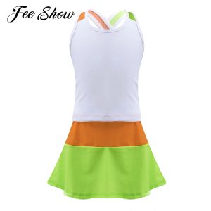 Shorts 2 -teilige Kinder Girls Summer Sportanzugsbänder Weste und Rock mit gebauten Shorts Tennis Set Gymnastics Workout Outfits Sportswear