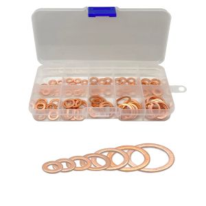 100 pcs Kupferscheibendichtungsmutter und Schrauben Set Flat Ring Seal Sortment Kit mit Kasten M4/M5/M6/M8/M10/M12/M14 für Sumpfstopfen