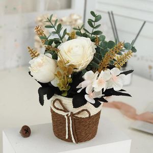 Flores decorativas em vasos de plantas cesta artificial cesta de flores rosa bensai falsa pequena decoração de casamento em casa