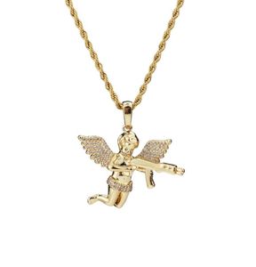 Top Quality Jewelry Zircon Gold Silver Cute Angel Baby Carry Gun Stuff Pendant Necklace Rope Chain for Men Women7903378