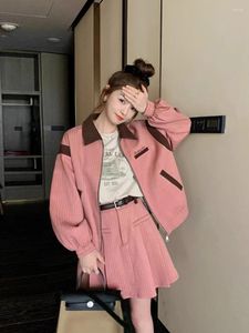 Work Dresses Sweet Temperament Jacket Pleated Skirt Two-piece Set Women Fashion Polo Neck Contrast Color Patchwork College Casual Spring