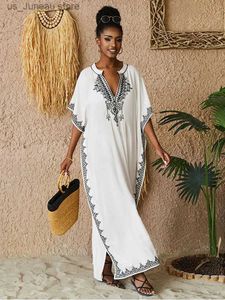 Vestidos casuais básicos lorylei 2024 colar de colarinho em pé bordado kaftan feminino manto da moda boho festas casas de férias vestidos de praia q1545 t240412