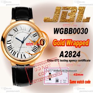 WGBB0030 A2824 Automatyczna męska zegarek JBLF 42mm Zatrzymany 18K Rose Gold Case Silver Roman Dial Black Croc Pasp Super Edition Eta Relij Hombre zegarki Puretime Ptcar