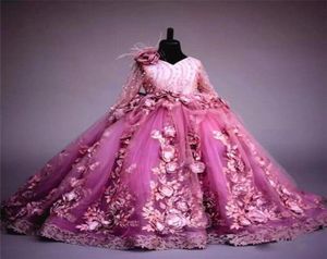 New Arrival Long Sleeves Flower Girl Dress Fuchsia 3D Flowers Princess Party Gown Luxury Ball Gown Girl Formal Wedding Pageat Dres3792450