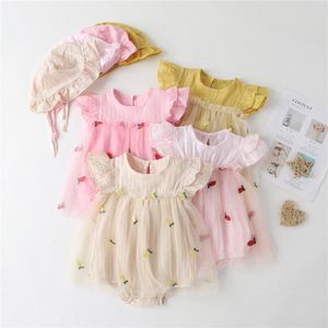 Baby Rompers Kinder Kleidung Säuglinge Overall Summer Dünne Neugeborene Kid Kleidung mit Hut rosa gelbes Mesh kariertes Dreieck Kletteranzug V8N3##